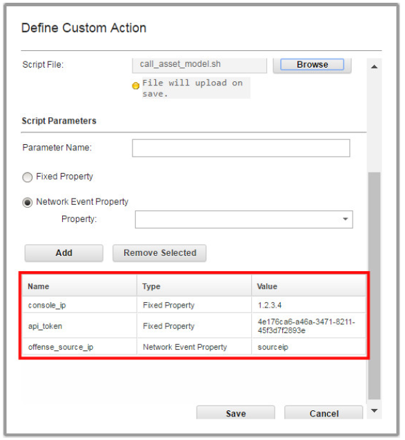 User interface for defining a custom action in network management software. Script file call_asset_model.sh uploaded. Three parameters: console_ip with value 1.2.3.4, api_token with value 4e176c-a6-a46a-3471-8211-453d7f2893e, offense_source_ip with value sourceip. Options to add or remove parameters and save or cancel action.