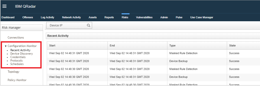 IBM QRadar Risk Manager interface showing navigation tabs and Recent Activity table with timestamps, activity type, and status.