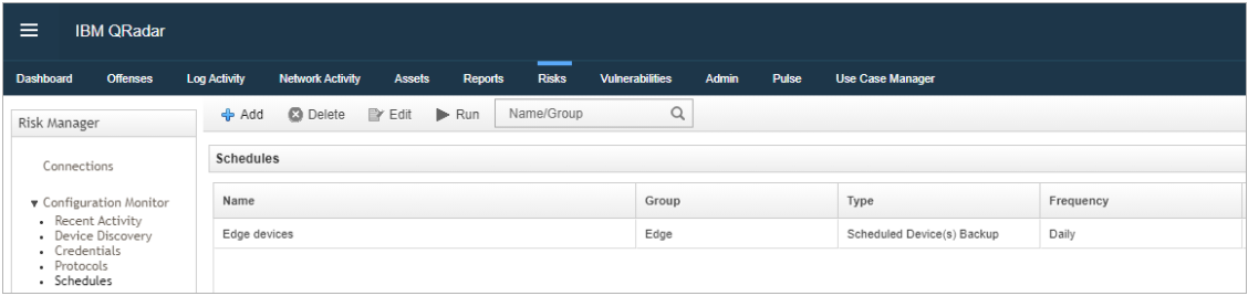 IBM QRadar Risk Manager interface showing Schedules configuration with Edge devices backup scheduled daily.