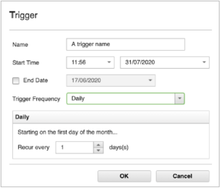 Configuration interface for scheduling a trigger with name input, start time 11:56, start date 31/07/2020, daily frequency, and options to confirm or cancel.