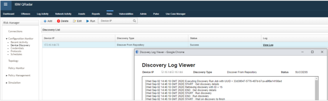 IBM QRadar Risk Manager interface showing device IP, discovery type as Discover From Repository, status as Success, and discovery logs with timestamps.
