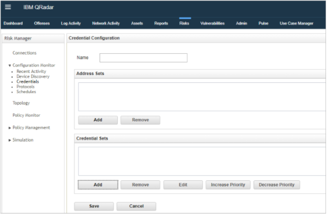 Screenshot of IBM QRadar Risk Manager's Credential Configuration page, showing sections for Name, Address Sets, and Credential Sets with Save and Cancel buttons.