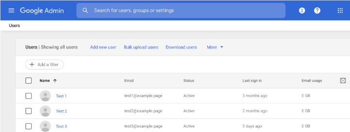 Google Admin console Users section showing users Test 1, Test 2, Test 3 with email example.page. All active with 0 GB usage. Options to add, upload, download, filter users.