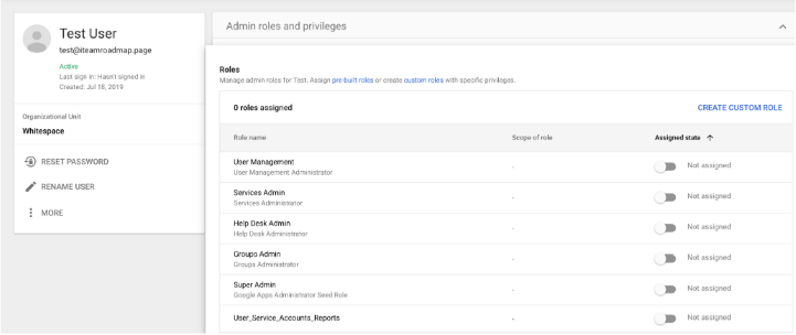 User management interface showing Test User's details and email test@itamaroadmap.page. No admin roles assigned; available roles include User Management, Services Admin, Help Desk Admin, Group Admin, Super Admin, User_Service_Accounts_Reports. Option to create custom role.