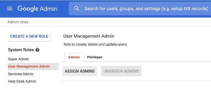 Google Admin console showing Admin roles section with User Management Admin role highlighted, enabling user creation, deletion, and updates.
