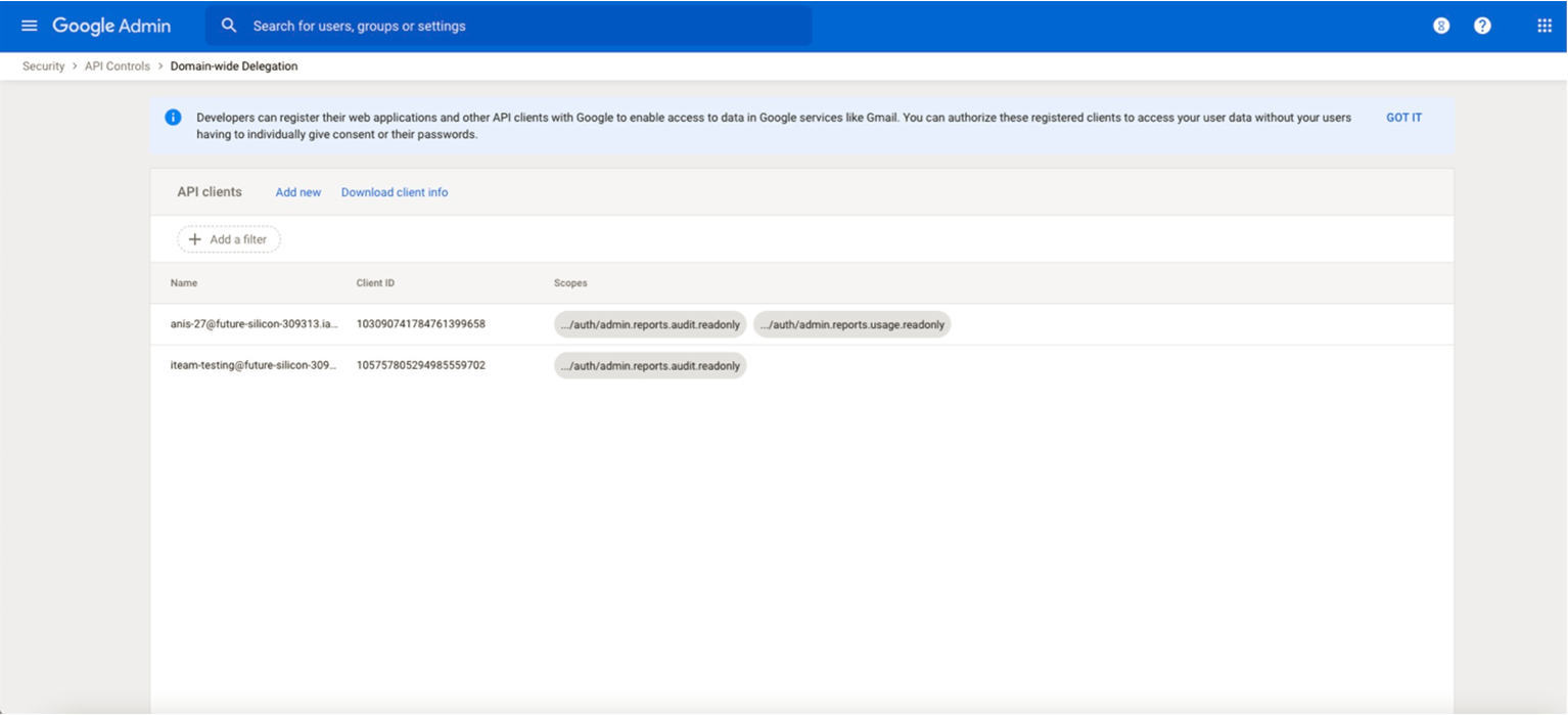 Google Admin Console showing Domain-wide Delegation under API Controls with a table of API clients, their names, client IDs, and scopes.