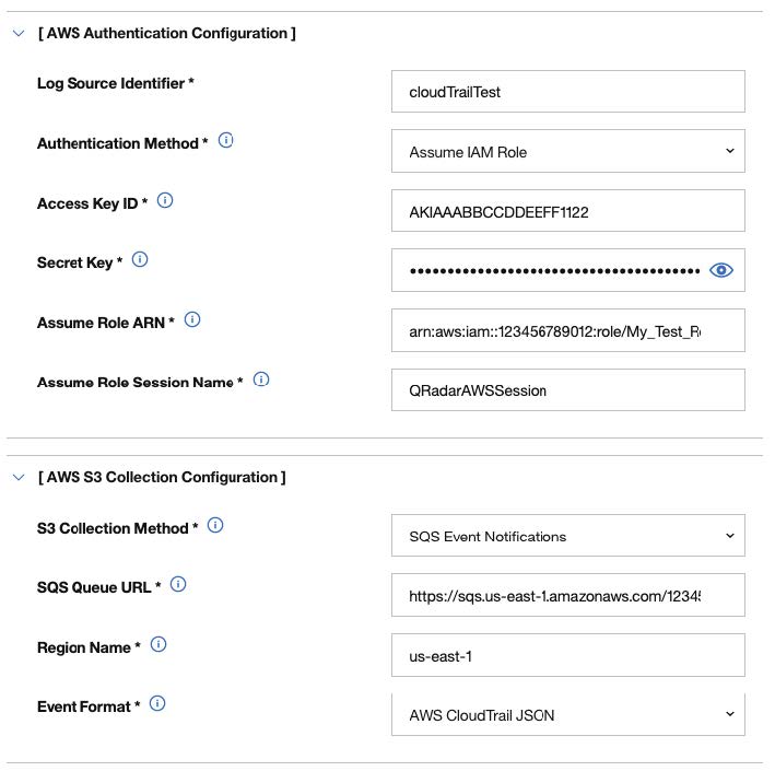 Configuration screen for AWS integration with a third-party tool, showing AWS Authentication and S3 Collection settings for log management.