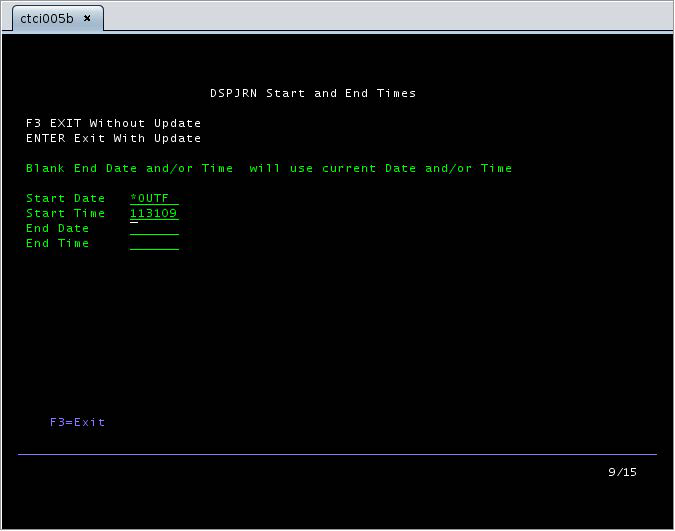 DSPJRN screen for setting start and end times to retrieve journal entries on IBM i system. Start date: *OUTF, start time: 113109.