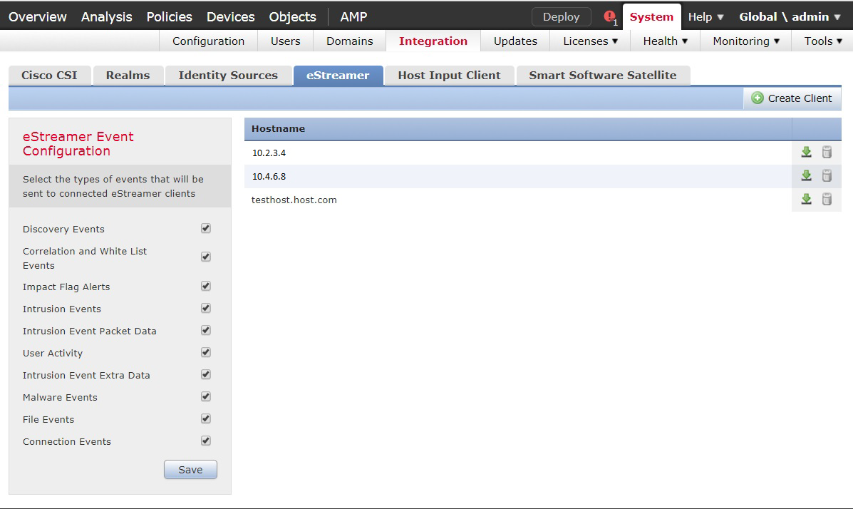 Cisco eStreamer configuration interface showing event types list with checkboxes and hostname list of eStreamer clients.