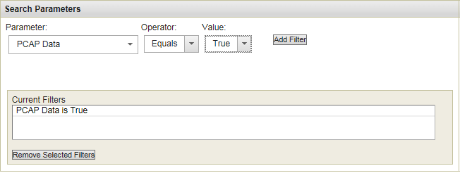 User interface for setting search parameters with dropdowns for PCAP Data equals True and buttons to add or remove filters.
