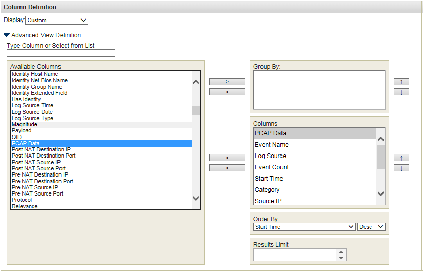 Configuration interface for customizing data columns in a network monitoring tool. Display set to Custom. Columns like Identity Host Name and PCAP Data available. Group By section empty. Selected columns include PCAP Data and Event Name. Order By Start Time descending. Results limit field present.
