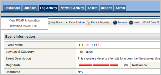 Screenshot of a cybersecurity tool interface showing Log Activity tab with event HTTP-AUDIT:URL detecting attempts to access /iissamples/ directory, magnitude 9.