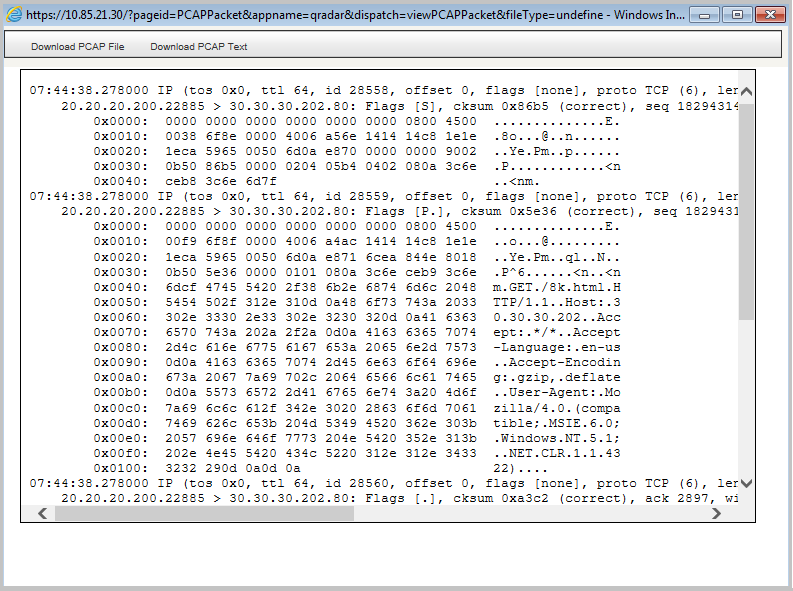 Network packet capture tool displaying timestamps, IP header info, TCP protocol, source and destination IPs, TCP flags, sequence numbers, and HTTP request details for security analysis.