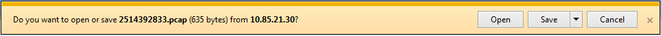 Dialog box prompting to open, save, or cancel the download of 2514392833.pcap from IP address 10.85.21.30.