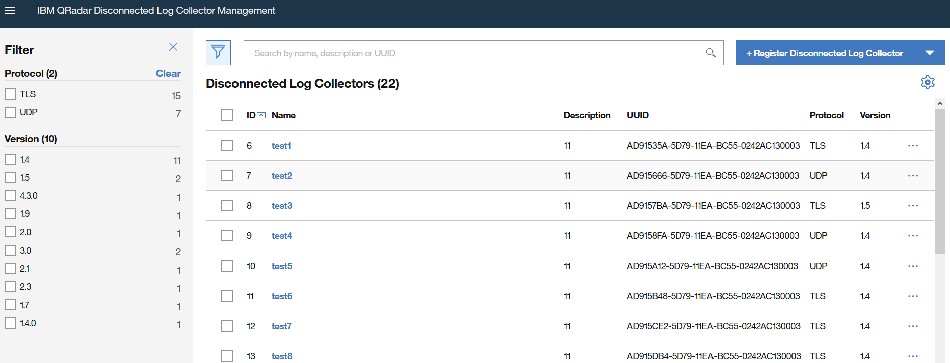 IBM QRadar interface showing Disconnected Log Collector Management with filters, search, and register button. Displays collectors with ID, name, description, UUID, protocol, and version.
