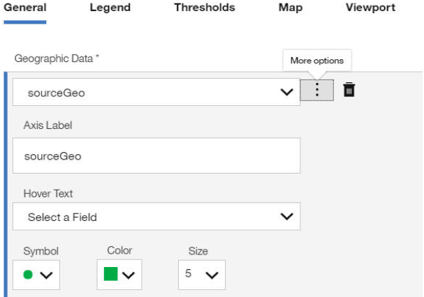 User interface for configuring geographic data; Geographic Data and Axis Label set to sourceGeo; Hover Text field with dropdown; symbol color green, size 5.