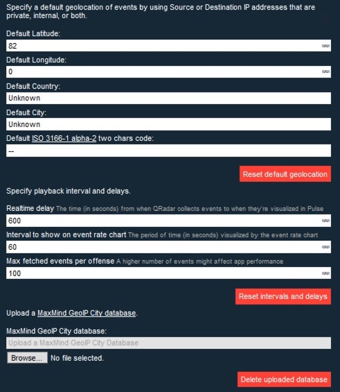 Configuration screen for geolocation and event playback settings in network security software. Features default geolocation settings, playback intervals and delays, and MaxMind GeoIP City database upload options.