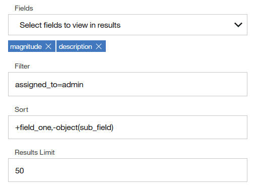User interface for configuring a query: Fields dropdown with magnitude and description selected; Filter textbox set to assigned_to=admin; Sort textbox with +field_one,-object sub_field; Results Limit textbox set to 50.