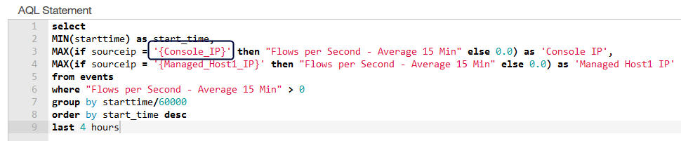 AQL statement for IBM QRadar querying event data to analyze flow data for specific IPs over the last 4 hours, aggregating by minute.