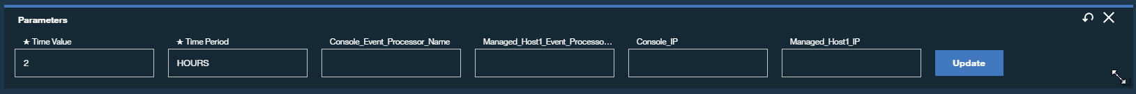 User interface for configuring software parameters with fields for Time Value set to 2, Time Period set to HOURS, and empty fields for Console Event Processor Name, Managed Host1 Event Processor Name, Console IP, and Managed Host1 IP. Includes an Update button and window control icons.