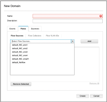 User interface for creating a new domain with fields for name and description, tabs for Events, Flows, and Scanners. Flows tab is selected, Flow Sources section active with dropdown list of selectable flow sources. Options to add or remove flow sources, and buttons to Create or Cancel setup.