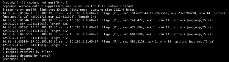 Output of tcpdump command showing capture of 5 SSH packets on interface ens3f0 between IPs 10.100.30.30 and 10.166.1.6 with TCP flags and sequence numbers.