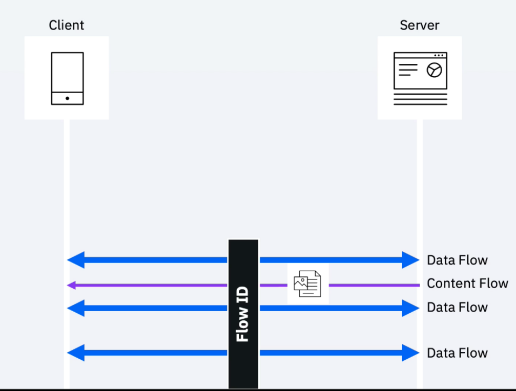 Diagram showing data and content flow between a client and server with blue arrows for data and purple arrow for content.
