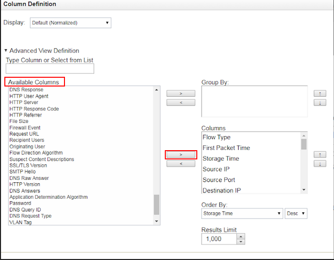 Configuration interface for defining columns in a data report with options for grouping, sorting, and result limits.