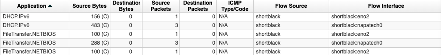 Table of network flow data with columns: Application, Source Bytes, Destination Bytes, Source Packets, Destination Packets, ICMP Type/Code, Flow Source, Flow Interface. All Destination Bytes and Destination Packets are zero. ICMP Type/Code is N/A. Flow Source is shortblack.