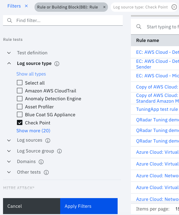Filtering interface of a security tool with options to filter rules by criteria like rule tests and log source type. Selected log source: Check Point. Action buttons: Cancel and Apply Filters. Search bar at the top right.