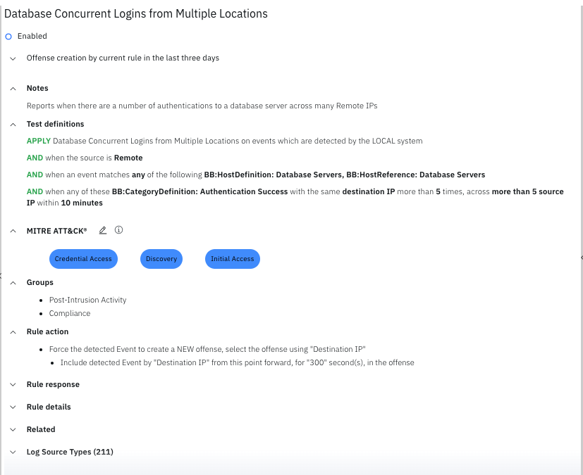 Security rule configuration for detecting database concurrent logins from multiple locations. Rule is active, identifies incidents with multiple remote authentications to the same server.