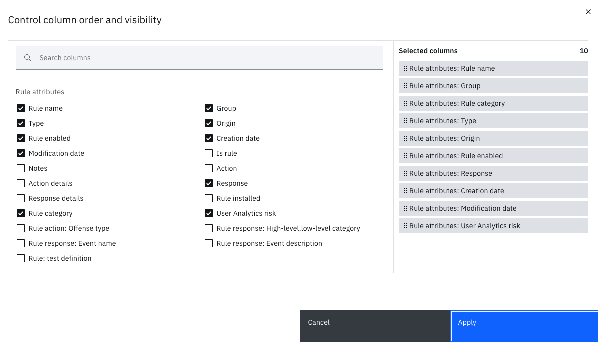 User interface for configuring column order and visibility with checkboxes for attributes and buttons to cancel or apply changes.