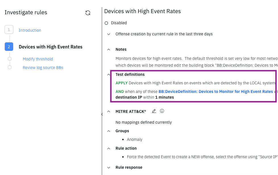 Investigate Rules interface for devices with high event rates. Details include Notes on rule purpose, Test Definitions for conditions, no MITRE ATT&CK mappings, Anomaly group, and Rule Action for offense creation using Source IP.