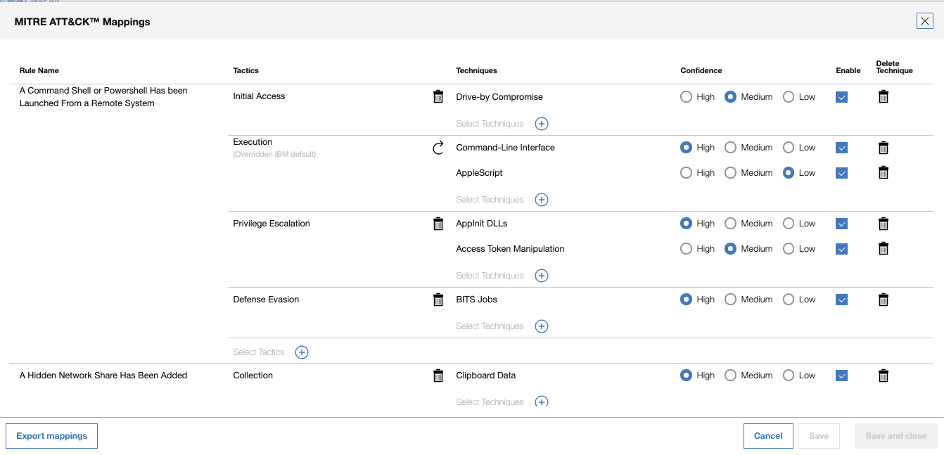 User interface for mapping security rules to MITRE ATT&CK tactics and techniques, featuring rule names, tactics, techniques, confidence levels, enable checkboxes, delete icons, and export and save options.