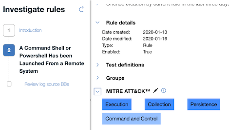User interface for cybersecurity rule investigation; step 2: Command Shell launched remotely. Rule details include creation and modification dates, type, status enabled true, linked to MITRE ATT&CK categories Execution, Collection, Persistence, Command and Control.