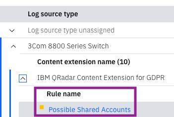 IBM QRadar interface showing 3Com 8800 Series Switch log source details with GDPR content extension and Possible Shared Accounts rule highlighted.