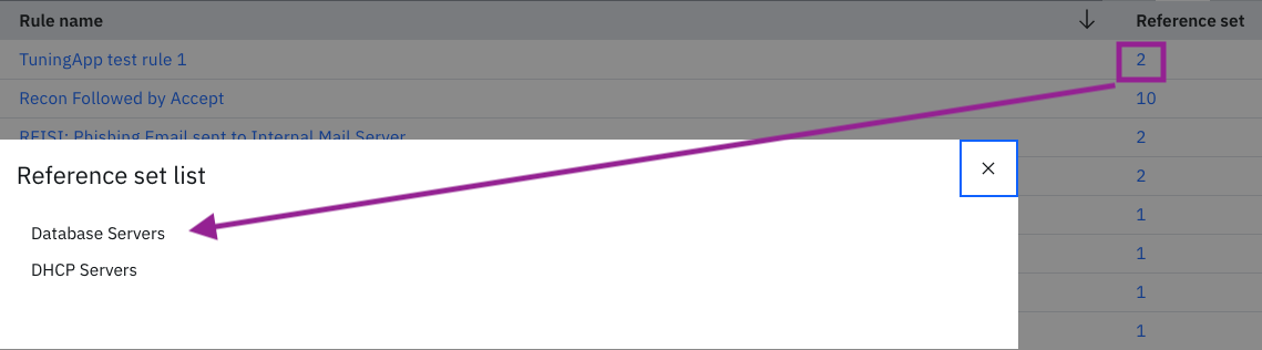 Number 2 in Reference set column highlighted and linked to Reference set list pop-up with Database Servers and DHCP Servers.
