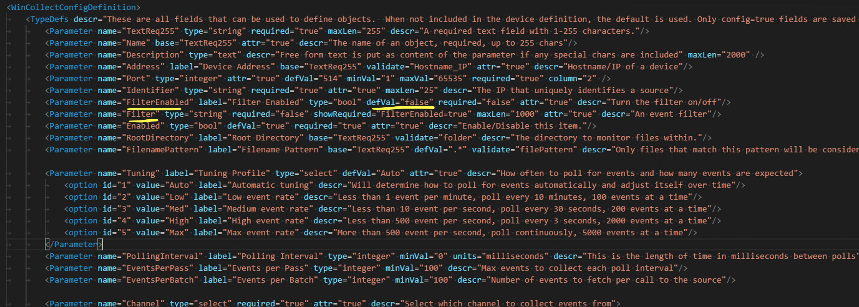 Snippet of XML code for a software configuration file defining parameters with attributes such as name, type, default values, and validation rules.