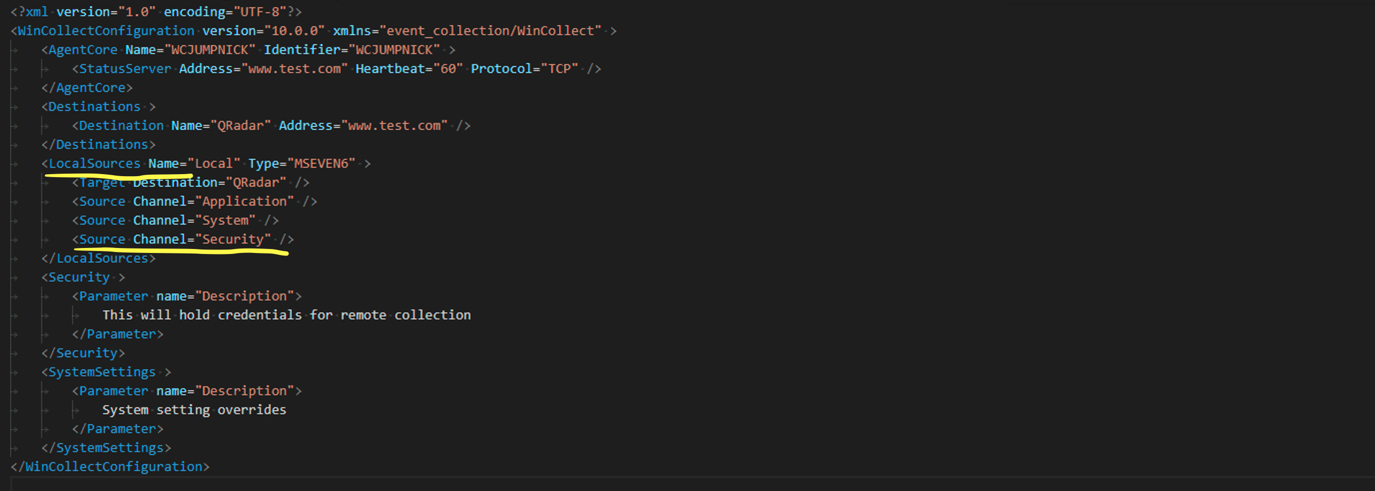 XML configuration file for WinCollect system, detailing agent core settings, destinations to QRadar at www.test.com, local sources like Microsoft Event Viewer channels, and security credentials for remote collection.