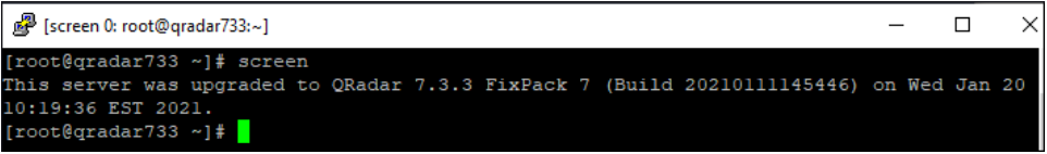 Terminal window showing IBM QRadar server upgraded to version 7.3.3 FixPack 7 on Jan 20 2021 at 10:19:36 EST by root user on system qradar733.