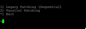 Text-based menu interface with options: Legacy Patching Sequential, Parallel Patching, and Exit. Green cursor selects options.