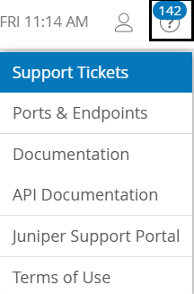Help menu with the Support Ticket notification badge highlighted.