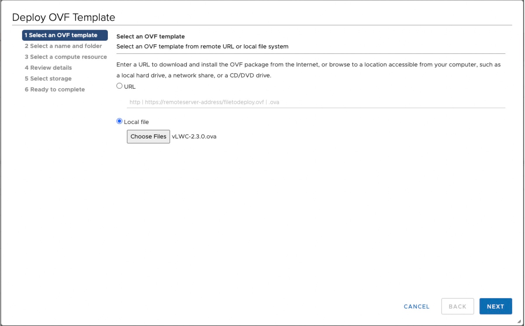 Deploy OVF Template wizard showing Step 1: Select an OVF template. Local file selected, vLWC-2.3.0.ova for deployment.