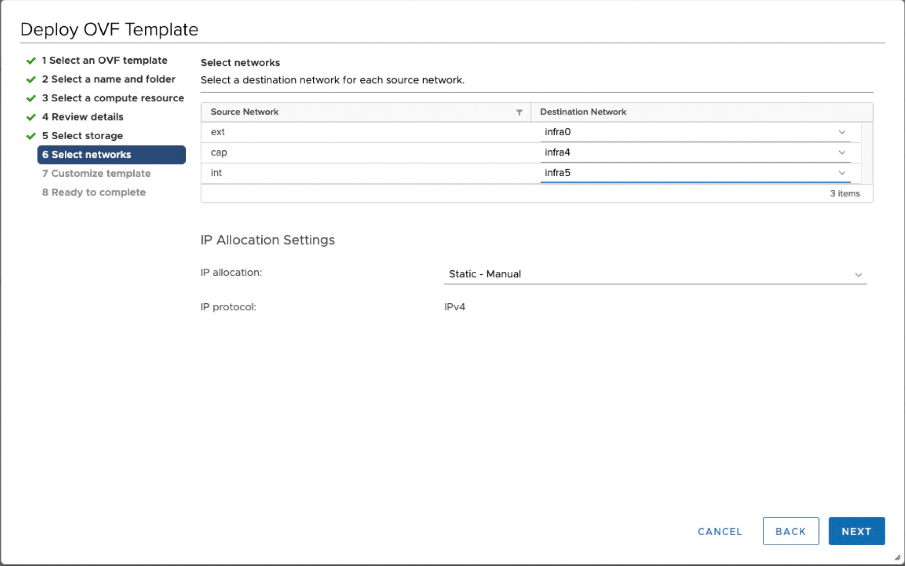 Step 6 of OVF deployment wizard. Select destination networks for ext, cap, and int source networks. IP allocation is Static - Manual with IPv4. Navigation buttons: Cancel, Back, Next.