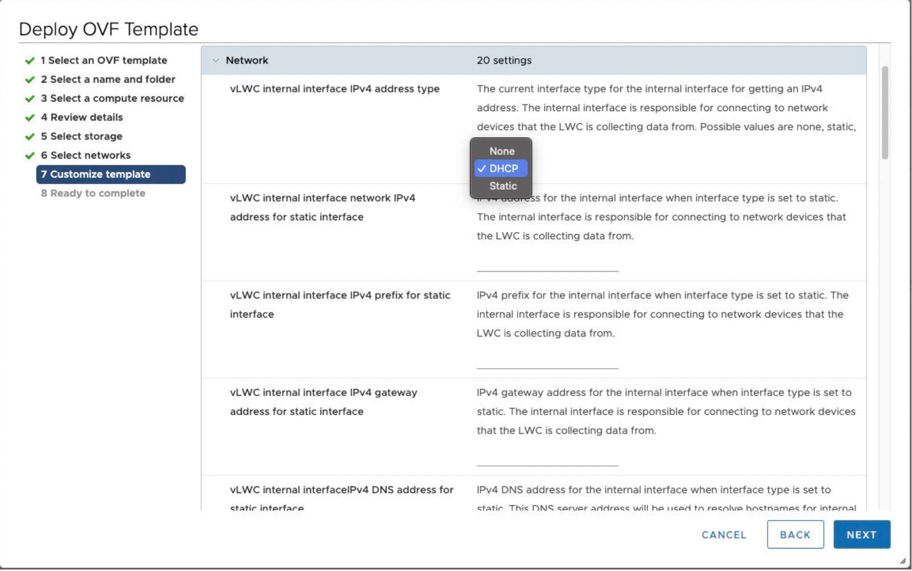 Step 7 Customize template in OVF deployment showing network settings configuration with options like DHCP or Static.