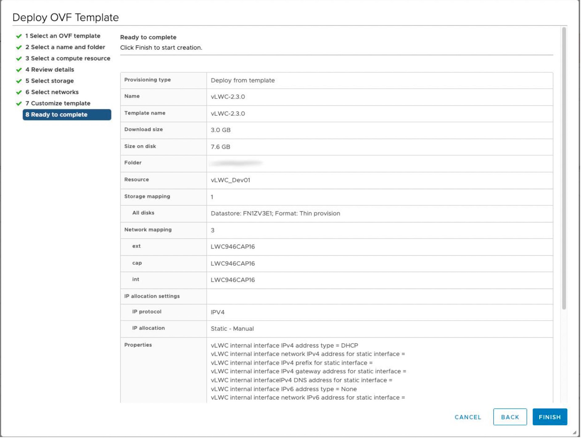 Final step of OVF template deployment in VMware vSphere. Ready to complete stage with configuration details like VM name vLWC-2.3.0, download size 3.0 GB, disk size 7.6 GB, resource pool vLWC_Dev01, and network mappings ext, cap, int. Click Finish to deploy.