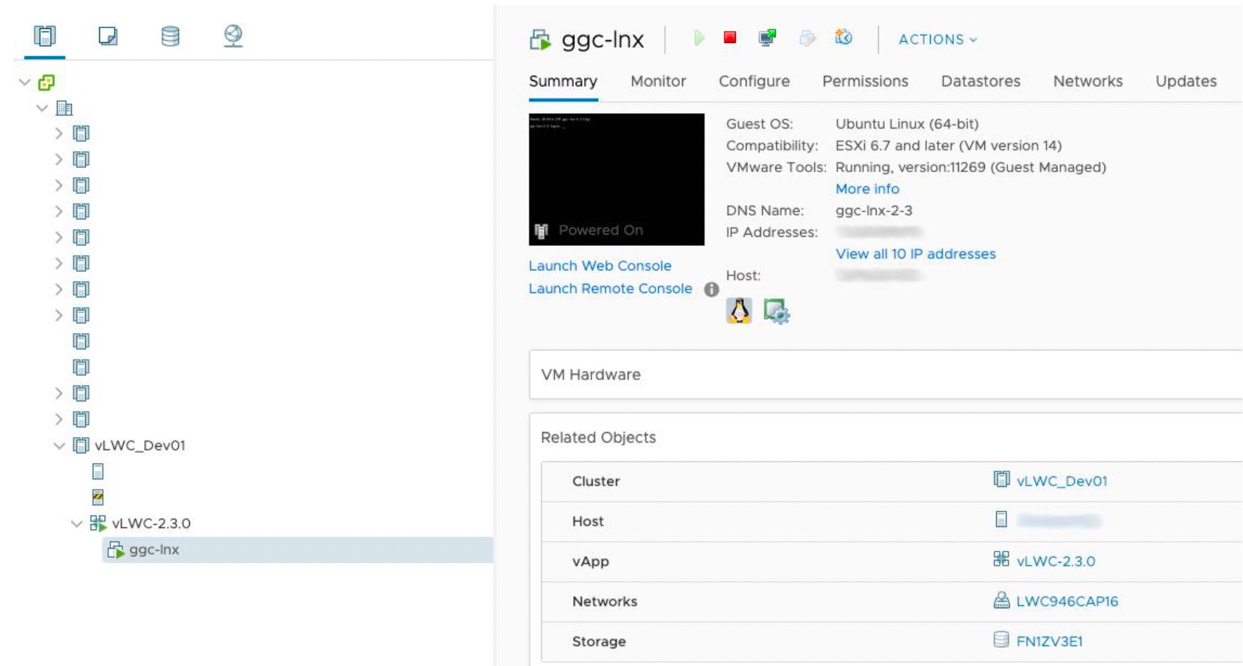 VMware vSphere interface showing VM ggc-lnx powered on with Ubuntu Linux 64-bit, ESXi 6.7+ compatibility, and multiple IPs.