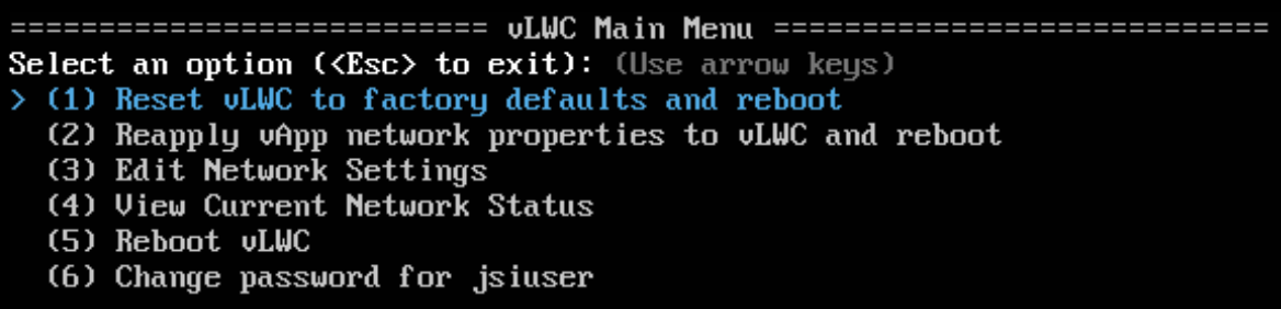 vLWC Main Menu with options to reset, reapply network properties, edit network settings, view status, reboot, change password.