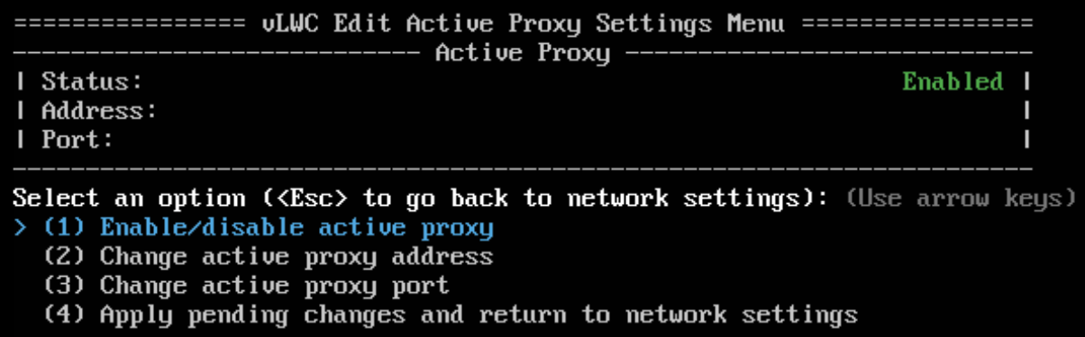 Edit Active Proxy Settings Menu with status enabled in green text. Options: enable or disable proxy, change address and port, apply changes. Use arrow keys to navigate, Esc to return to network settings.