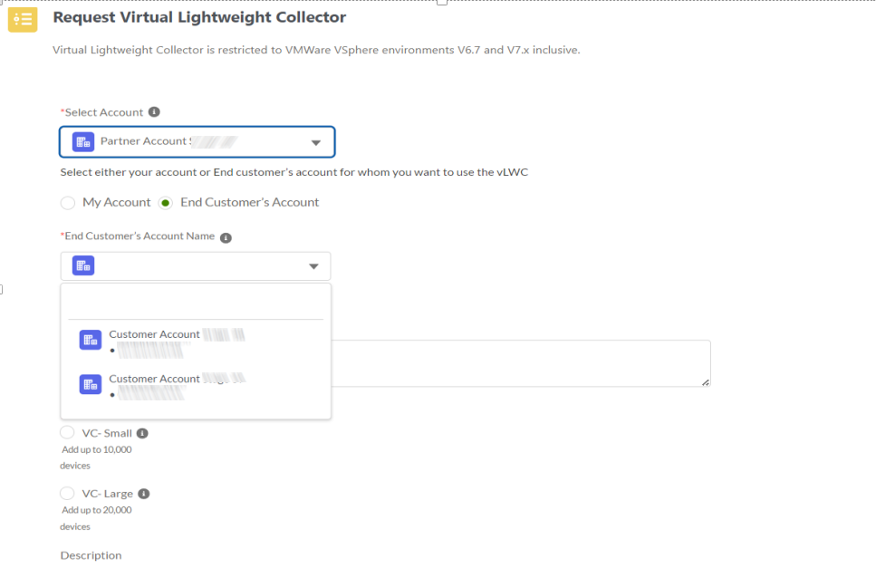 Form interface for requesting a Virtual Lightweight Collector for VMware vSphere V6.7-V7.x. Options include selecting an account type, choosing between 